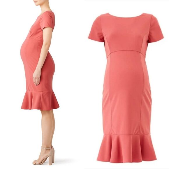 Paper Crown Anthro Maternity Sheath Ruffle Hem Midi Dress in Dusty Rose Pink M - Picture 2 of 8